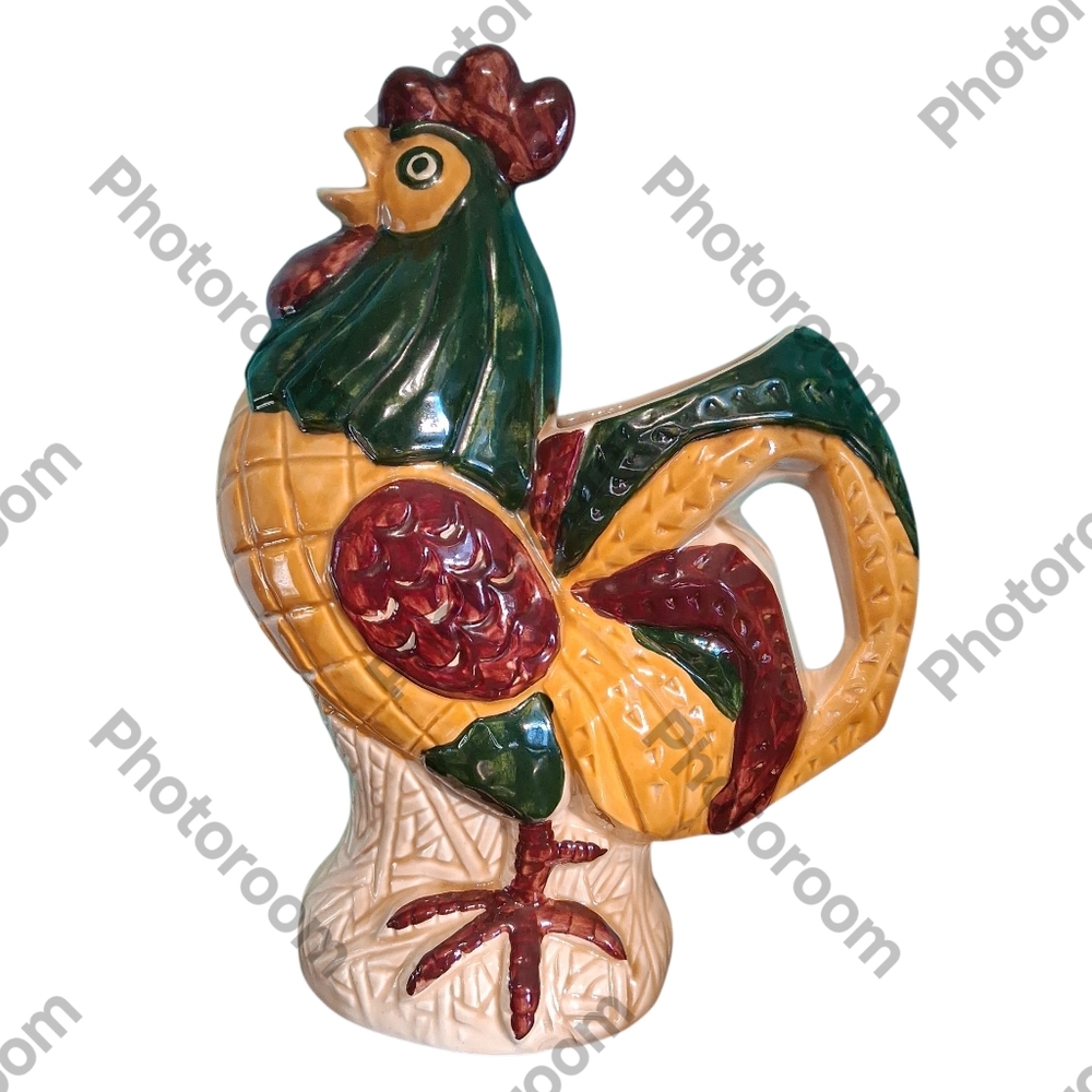 Colorful Rooster Ceramic Pitcher Or Utensil Holder